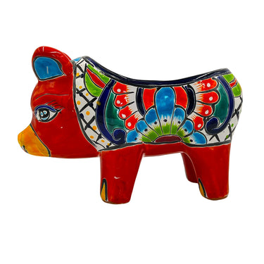 Mexican Talavera Piggy Planter Pot Hand Painted - Red Trim